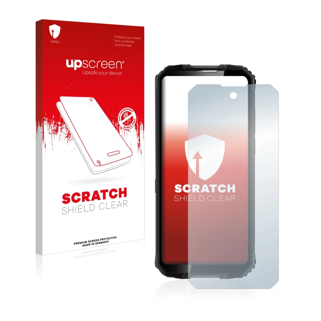 Face avant d’un emballage produit avec le logo de la marque upscreen. À côté, l’appareil Oukitel WP10 5G est représenté avec l