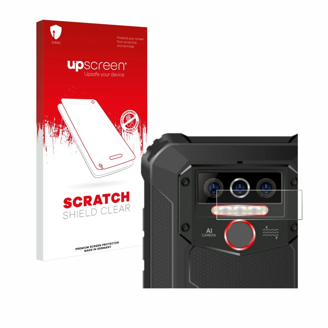 Face avant d’un emballage produit avec le logo de la marque upscreen. À côté, l’appareil Oukitel WP5 (Caméra UNIQUEMENT) est r