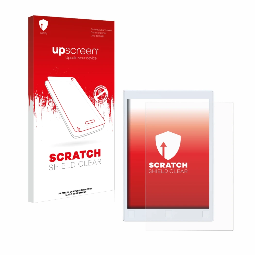 Face avant d’un emballage produit avec le logo de la marque upscreen. À côté, l’appareil reMarkable 2 est représenté avec la p