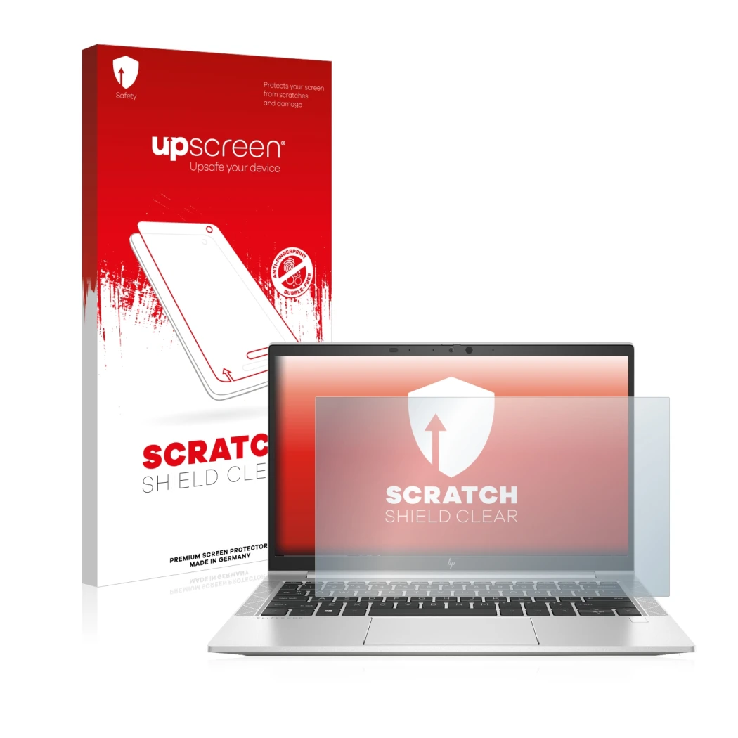 Face avant d’un emballage produit avec le logo de la marque upscreen. À côté, l’appareil HP EliteBook 830 G7 Non-Touch est rep