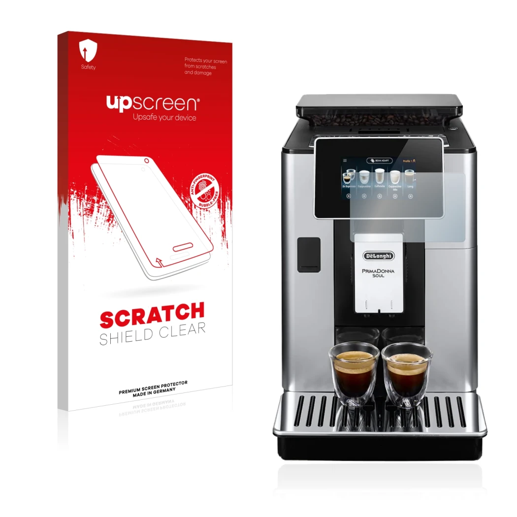 Face avant d’un emballage produit avec le logo de la marque upscreen. À côté, l’appareil DeLonghi PrimaDonna Soul ECAM610.74.M