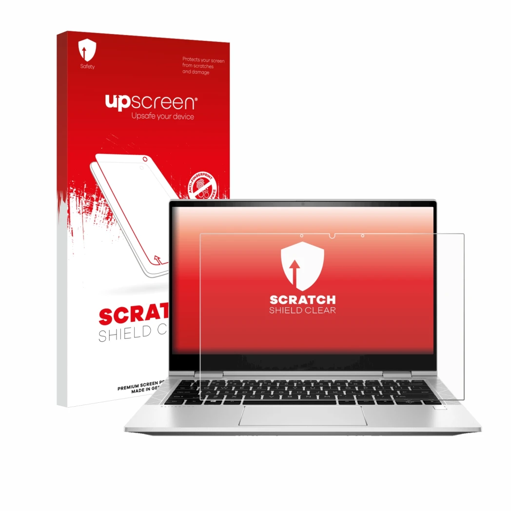 Face avant d’un emballage produit avec le logo de la marque upscreen. À côté, l’appareil HP EliteBook x360 830 G8 est représen