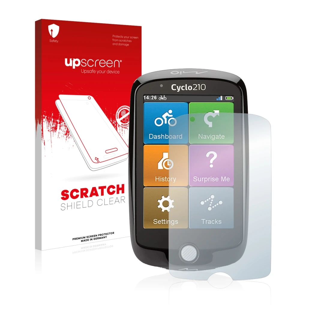 Face avant d’un emballage produit avec le logo de la marque upscreen. À côté, l’appareil Mio Cyclo 210 est représenté avec la 