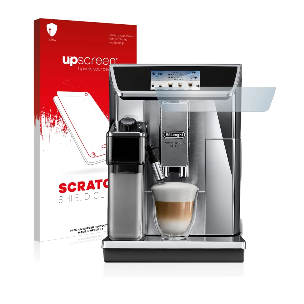 Face avant d’un emballage produit avec le logo de la marque upscreen. À côté, l’appareil DeLonghi PrimaDonna Elite Experience