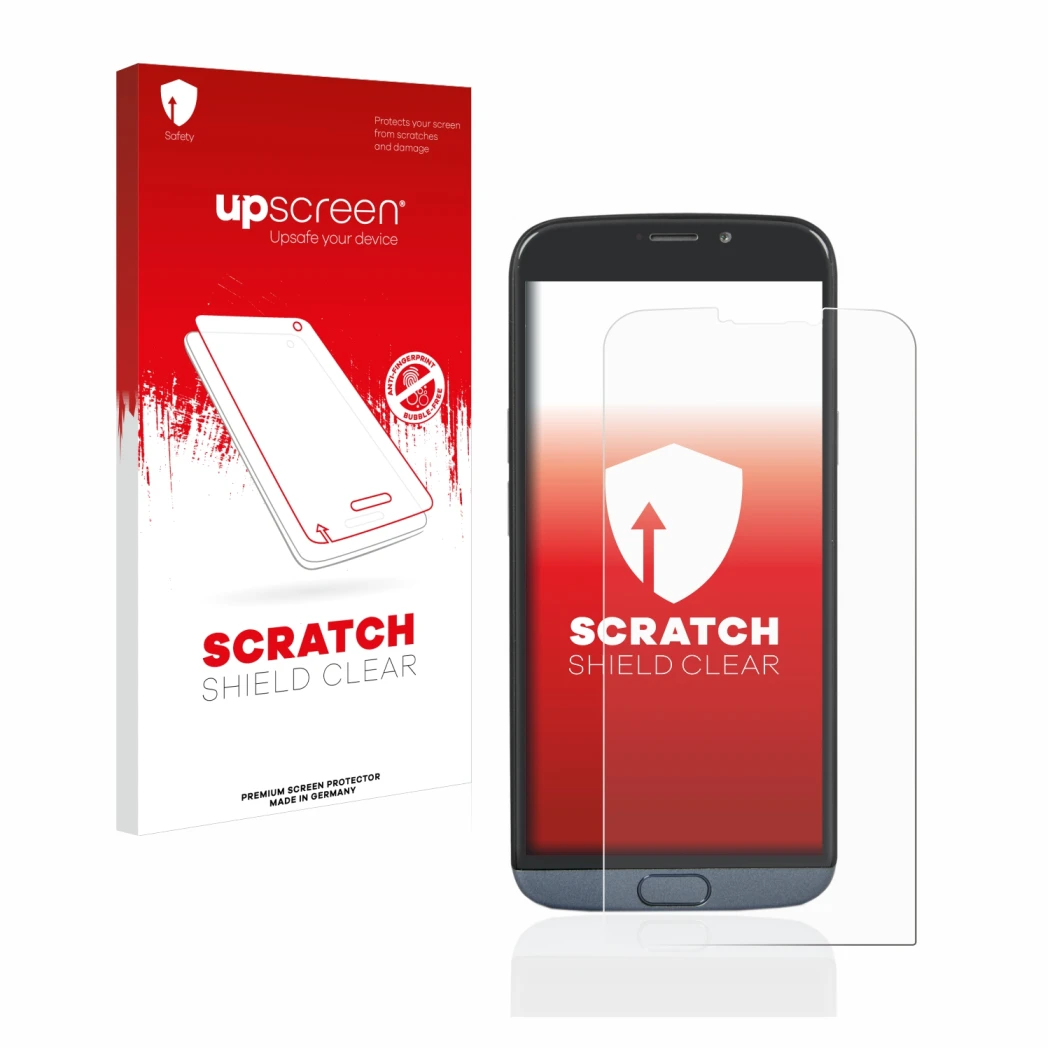Face avant d’un emballage produit avec le logo de la marque upscreen. À côté, l’appareil Doro 8050 Plus est représenté avec la