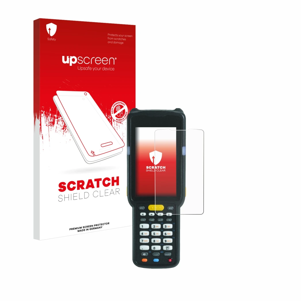 Face avant d’un emballage produit avec le logo de la marque upscreen. À côté, l’appareil Zebra MC3300X est représenté avec la