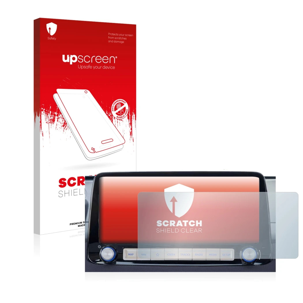 Face avant d’un emballage produit avec le logo de la marque upscreen. À côté, l’appareil Hyundai Kona 2020 Infotainment System