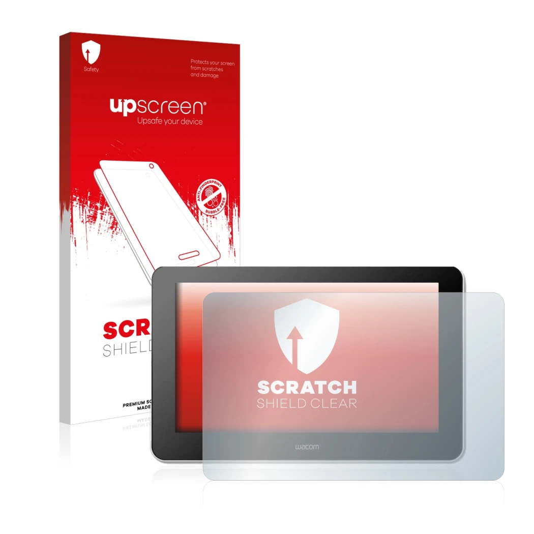 Face avant d’un emballage produit avec le logo de la marque upscreen. À côté, l’appareil Wacom One Creative Pen Display est re