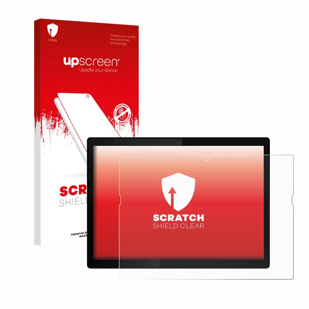 Face avant d’un emballage produit avec le logo de la marque upscreen. À côté, l’appareil Lenovo ThinkPad X12 Gen 1 est représe