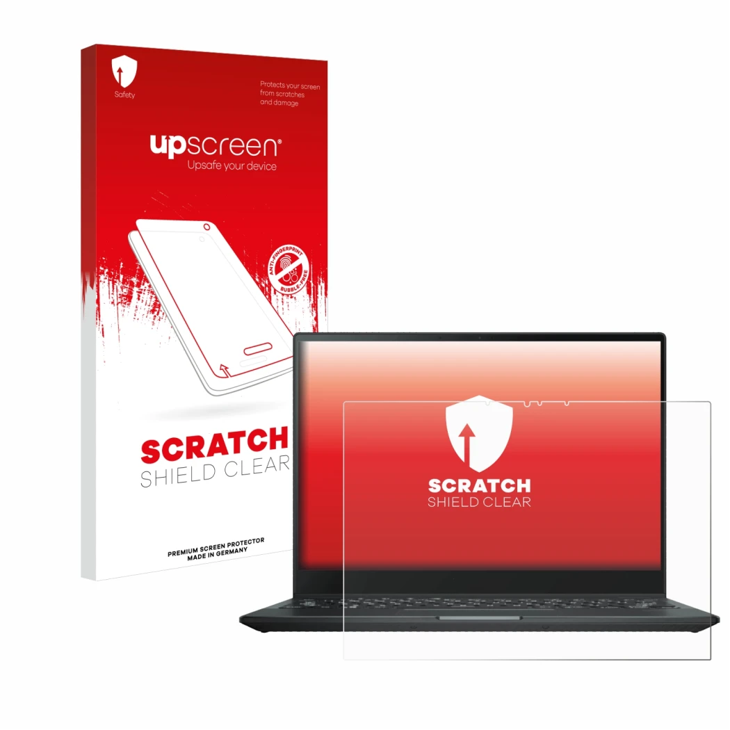 Face avant d’un emballage produit avec le logo de la marque upscreen. À côté, l’appareil ASUS Rog Flow X13 2022 est représenté