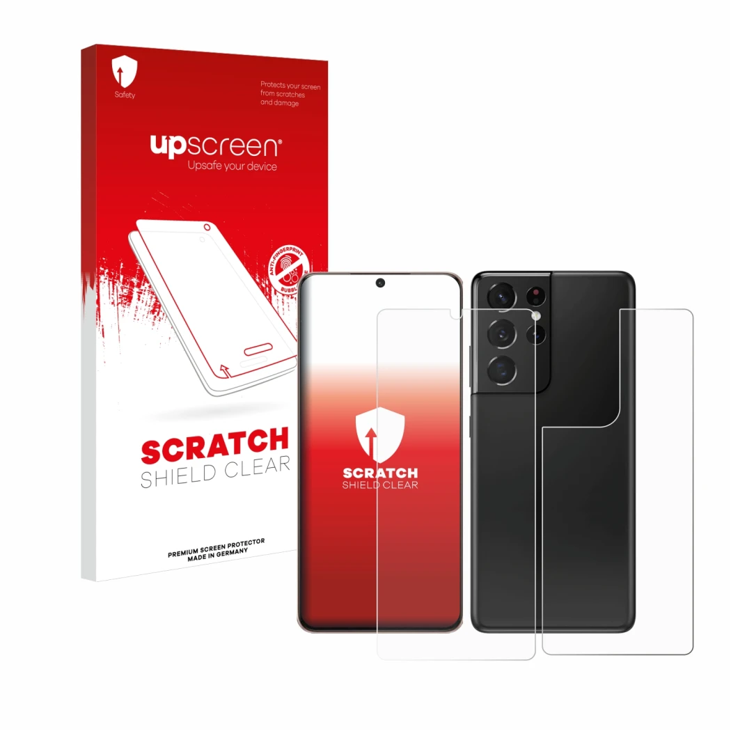 Face avant d’un emballage produit avec le logo de la marque upscreen. À côté, l’appareil Samsung Galaxy S21 Ultra 5G (Avant+Ar