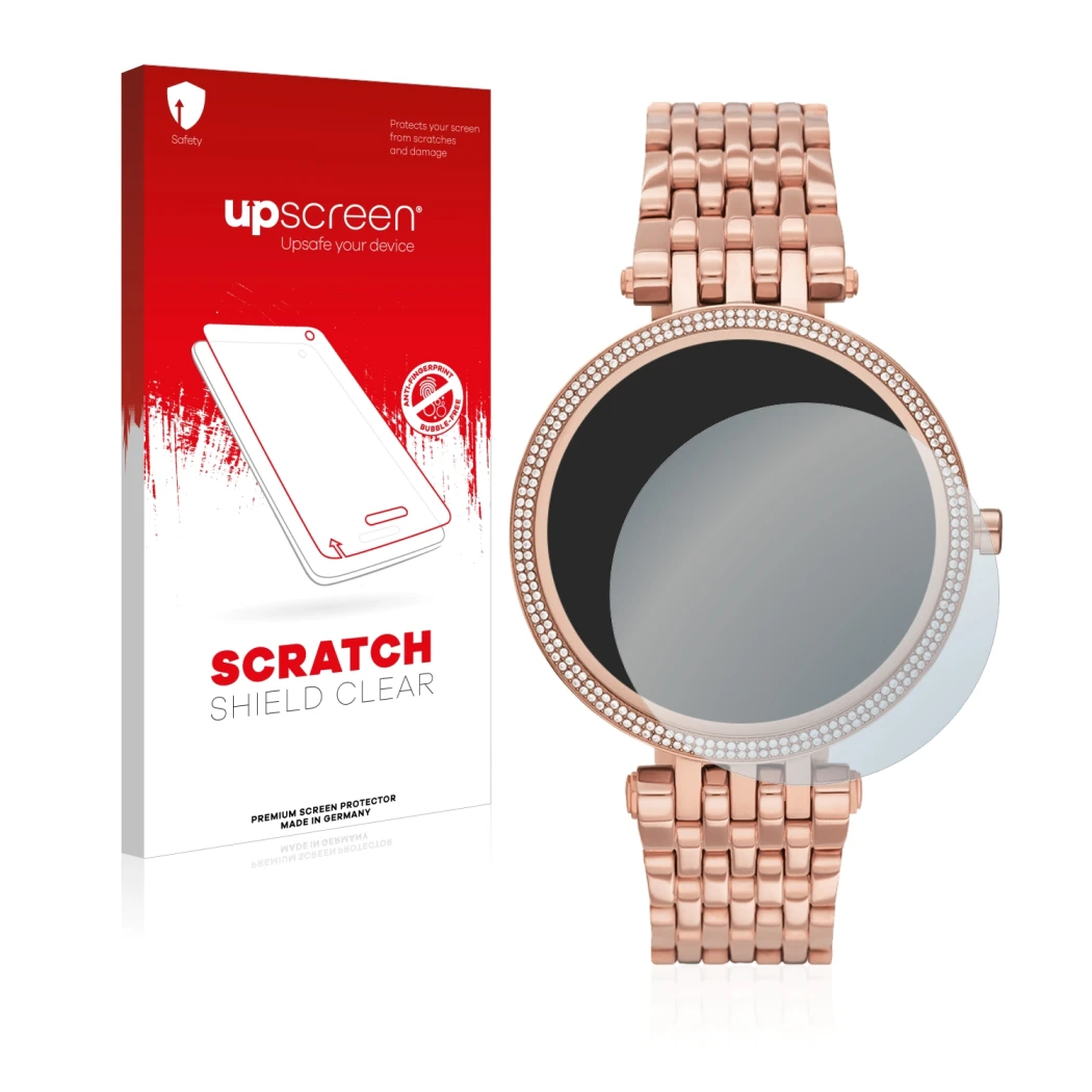 Face avant d’un emballage produit avec le logo de la marque upscreen. À côté, l’appareil Michael Kors Access Darci Gen 5E est