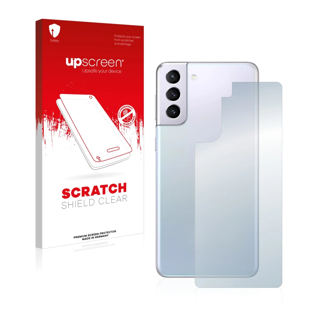 Face avant d’un emballage produit avec le logo de la marque upscreen. À côté, l’appareil Samsung Galaxy S21 (Arrière) est repr