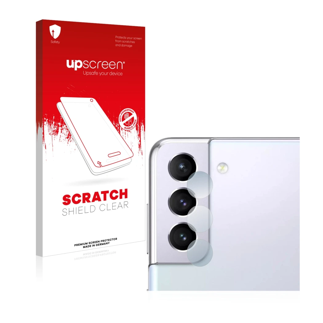 Face avant d’un emballage produit avec le logo de la marque upscreen. À côté, l’appareil Samsung Galaxy S21 (Caméra UNIQUEMENT