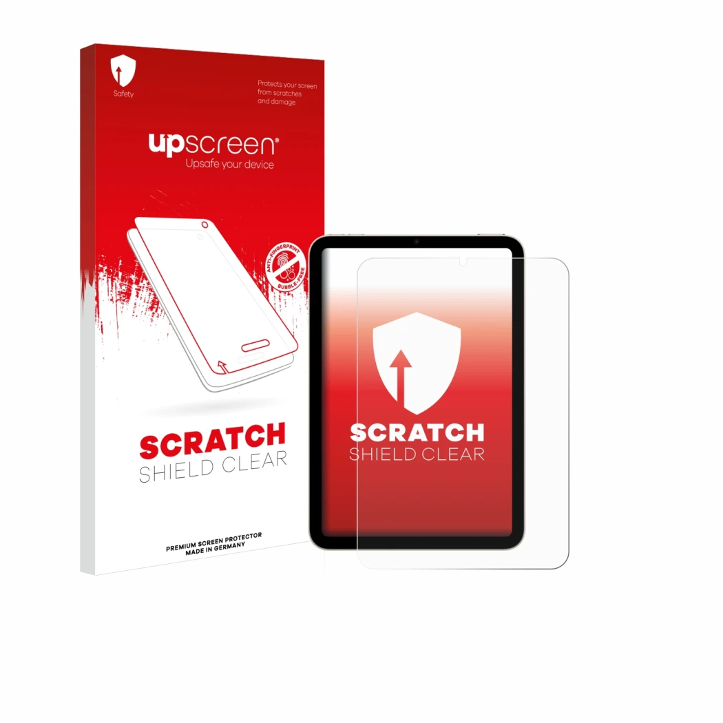 Face avant d’un emballage produit avec le logo de la marque upscreen. À côté, l’appareil Apple iPad Mini 6 WiFi 2021 est repré