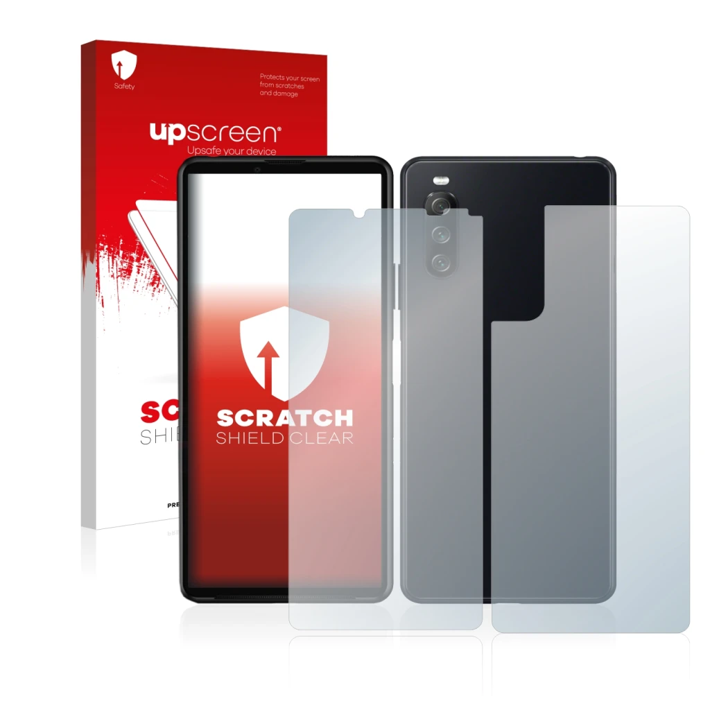 Face avant d’un emballage produit avec le logo de la marque upscreen. À côté, l’appareil Sony Xperia 10 III (Avant+Arrière) es