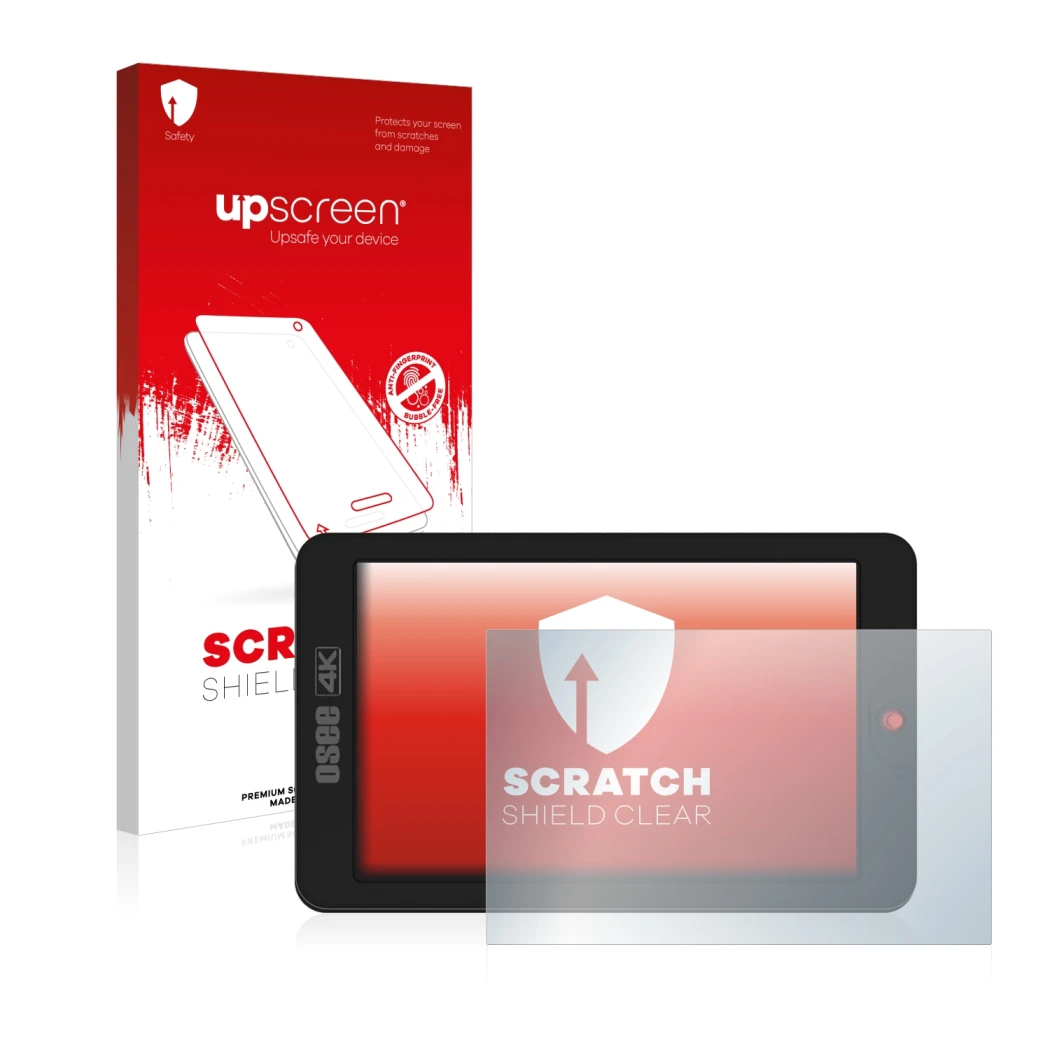 Face avant d’un emballage produit avec le logo de la marque upscreen. À côté, l’appareil Osee G7 est représenté avec la protec