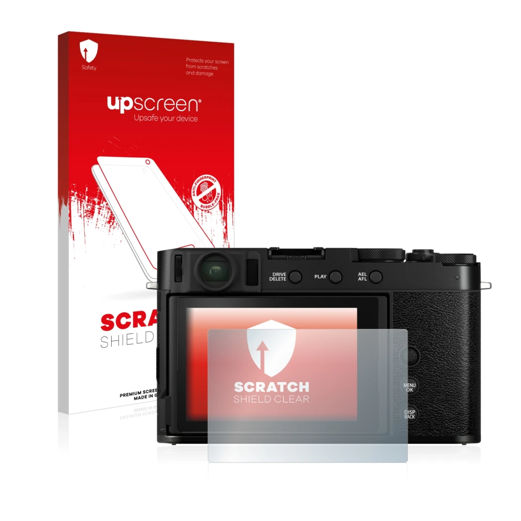 Face avant d’un emballage produit avec le logo de la marque upscreen. À côté, l’appareil Fujifilm X-E4 est représenté avec la 