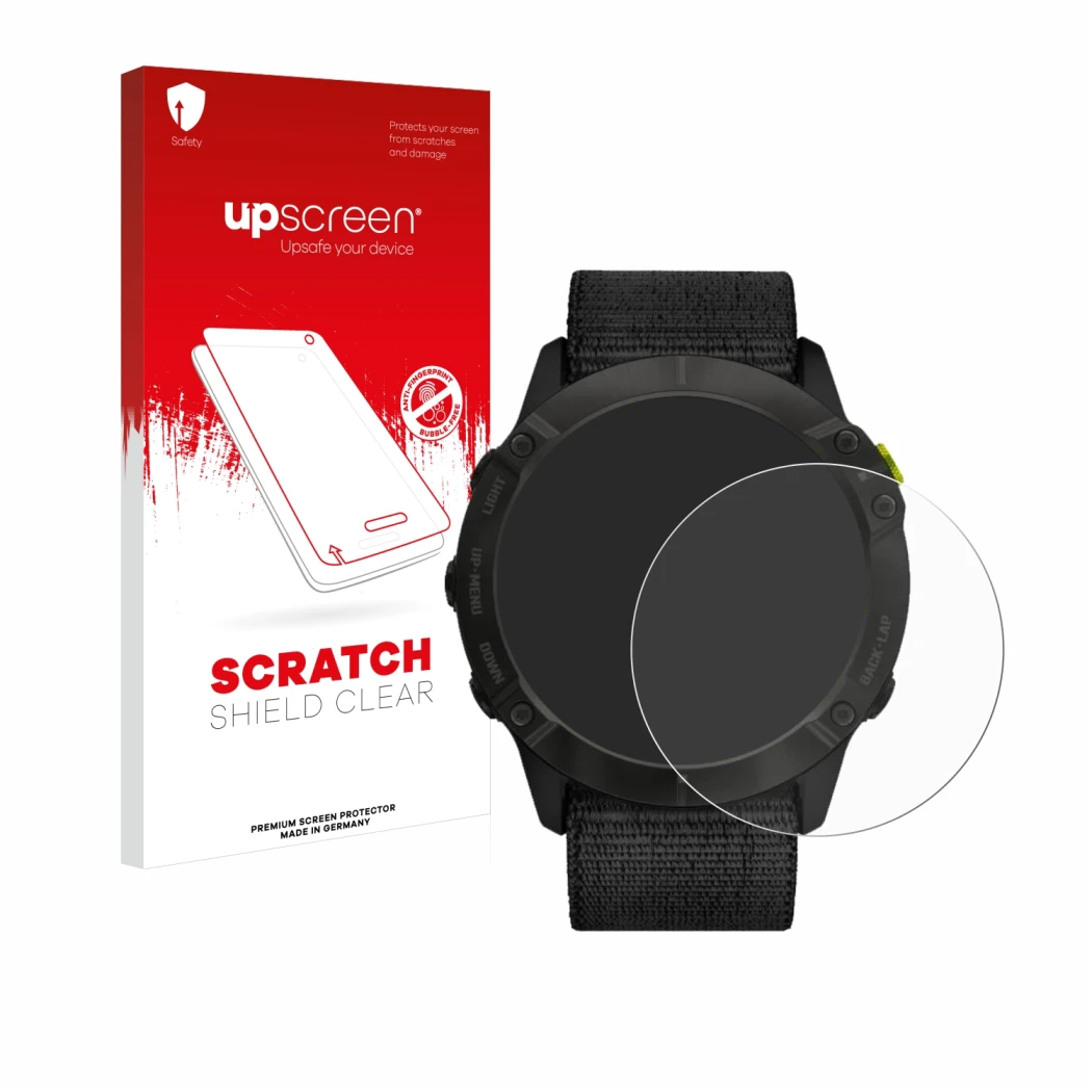 Face avant d’un emballage produit avec le logo de la marque upscreen. À côté, l’appareil Garmin Enduro est représenté avec la