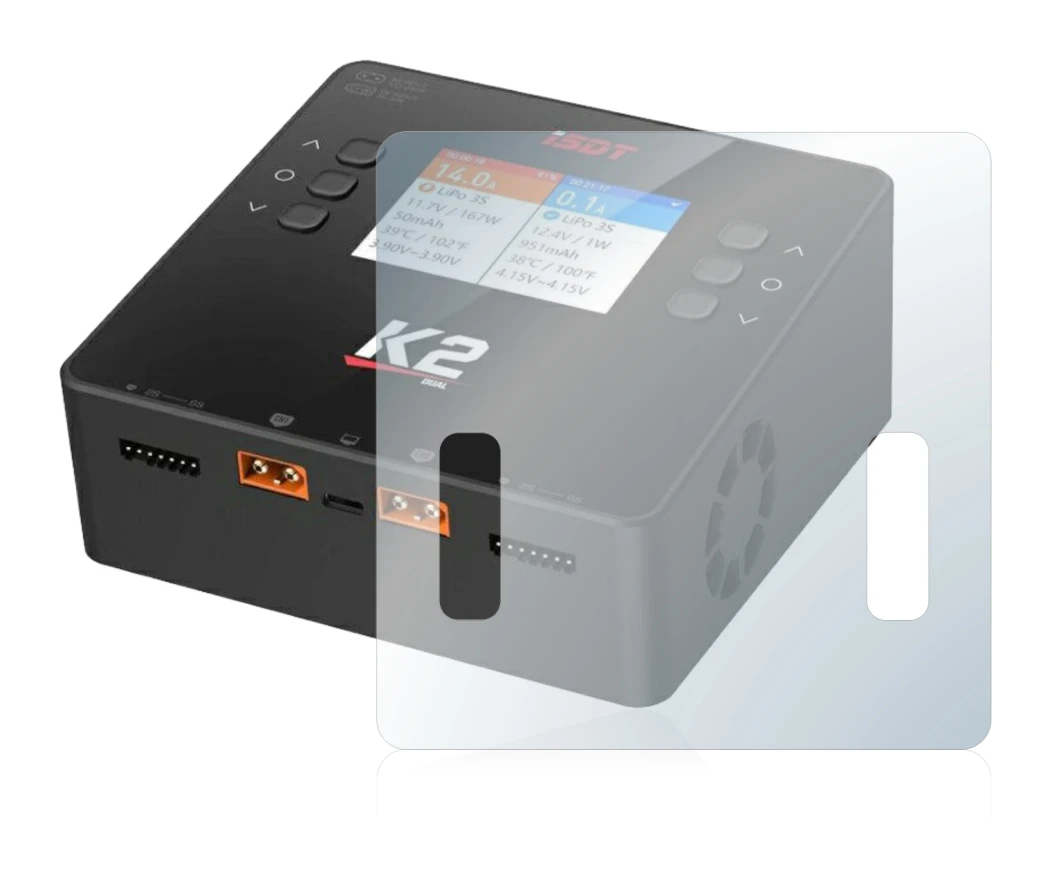 Image de l'appareil ISDT Smart Duo Charger K2 avec une grande variété de protections d'écran.