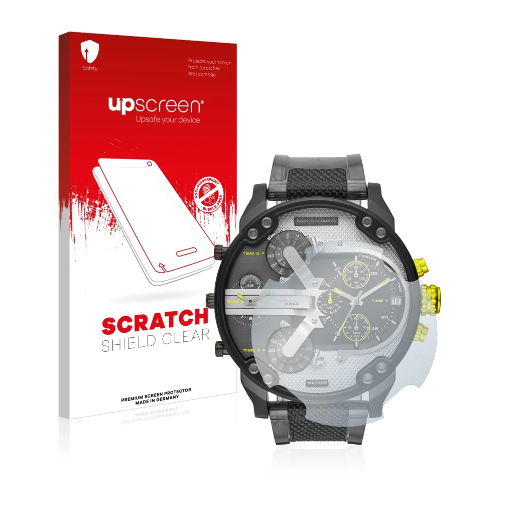 Face avant d’un emballage produit avec le logo de la marque upscreen. À côté, l’appareil Diesel DZ7422 Mr. Daddy 2.0 est repré