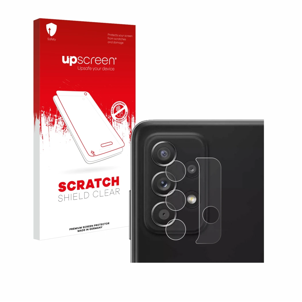 Face avant d’un emballage produit avec le logo de la marque upscreen. À côté, l’appareil Samsung Galaxy A52 5G (Caméra UNIQUEM