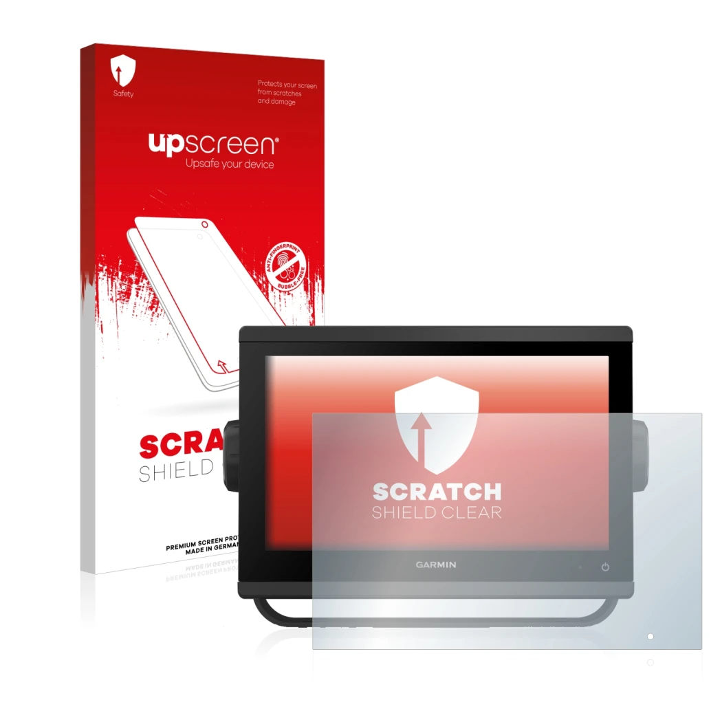 Face avant d’un emballage produit avec le logo de la marque upscreen. À côté, l’appareil Garmin GPSMAP 923 est représenté avec
