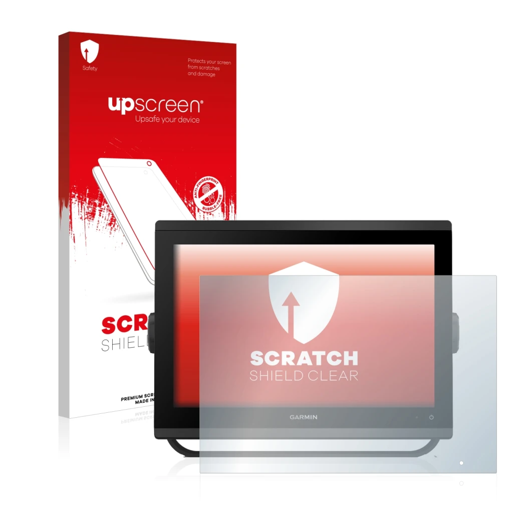 Face avant d’un emballage produit avec le logo de la marque upscreen. À côté, l’appareil Garmin GPSMAP 1223 est représenté ave