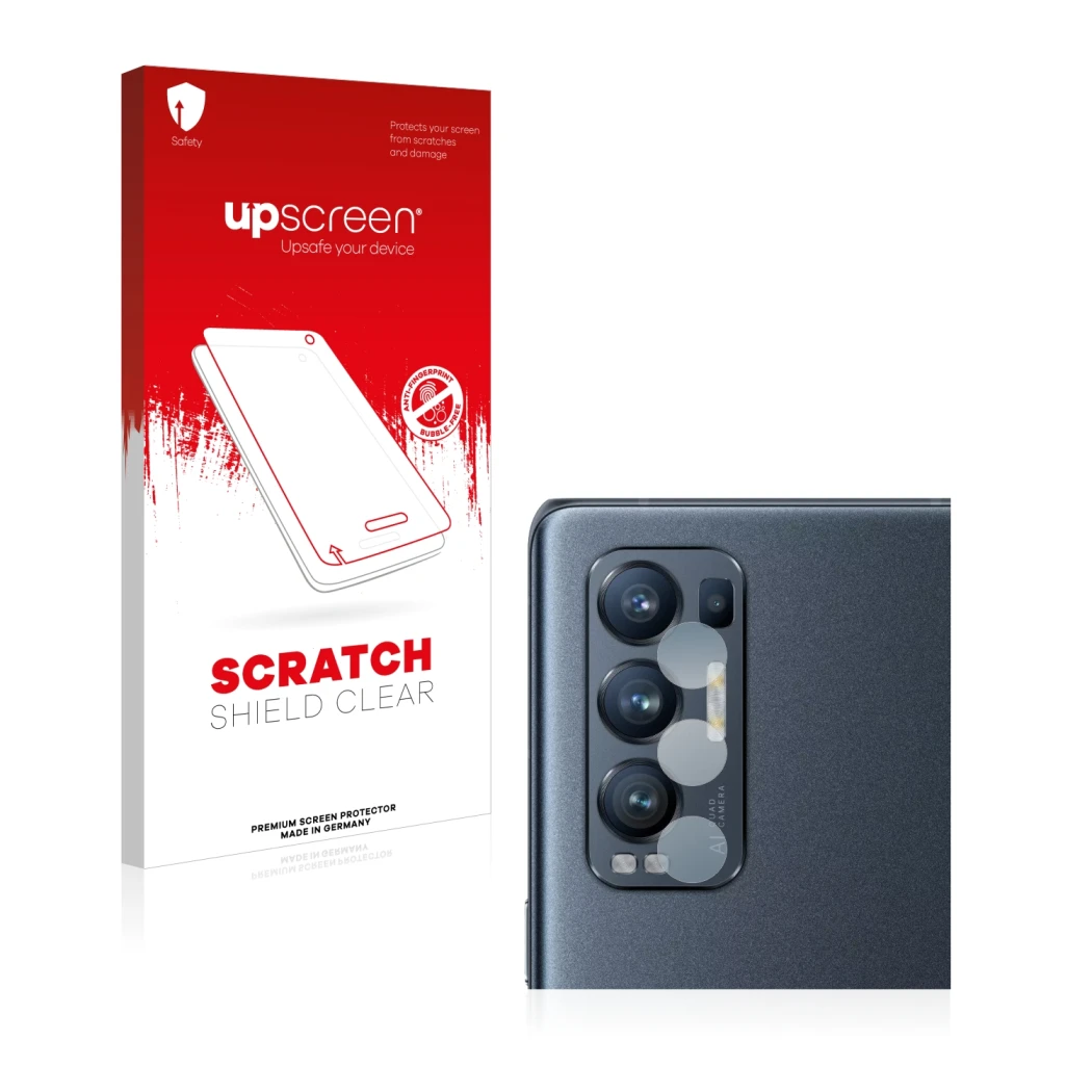 Face avant d’un emballage produit avec le logo de la marque upscreen. À côté, l’appareil Oppo Find X3 Neo (Caméra UNIQUEMENT) 