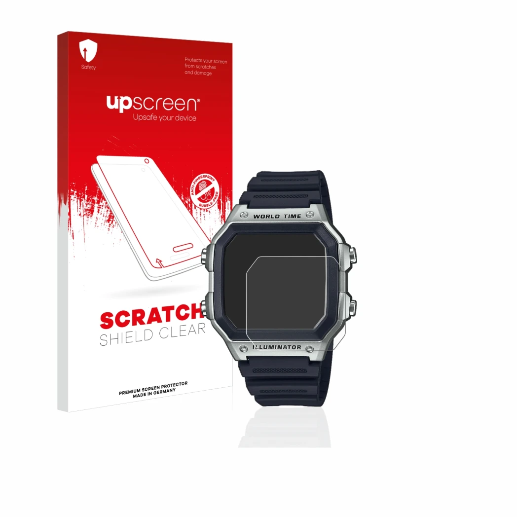 Face avant d’un emballage produit avec le logo de la marque upscreen. À côté, l’appareil Casio AE-1200WH est représenté avec l