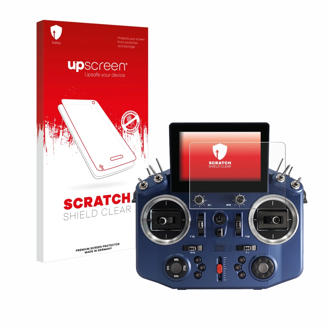 Face avant d’un emballage produit avec le logo de la marque upscreen. À côté, l’appareil FrSky Horus X20 est représenté avec l