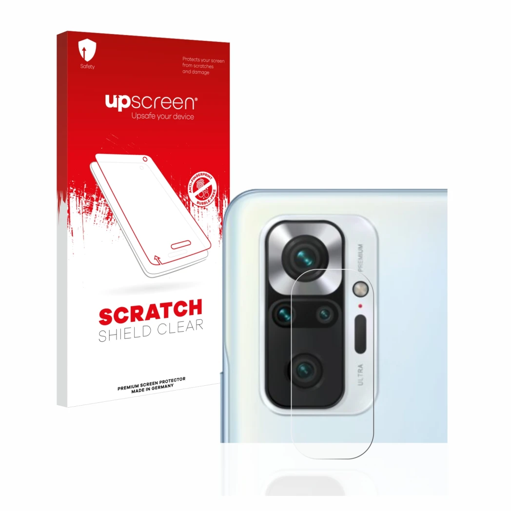 Face avant d’un emballage produit avec le logo de la marque upscreen. À côté, l’appareil Xiaomi Redmi Note 10 Pro (Caméra UNIQ