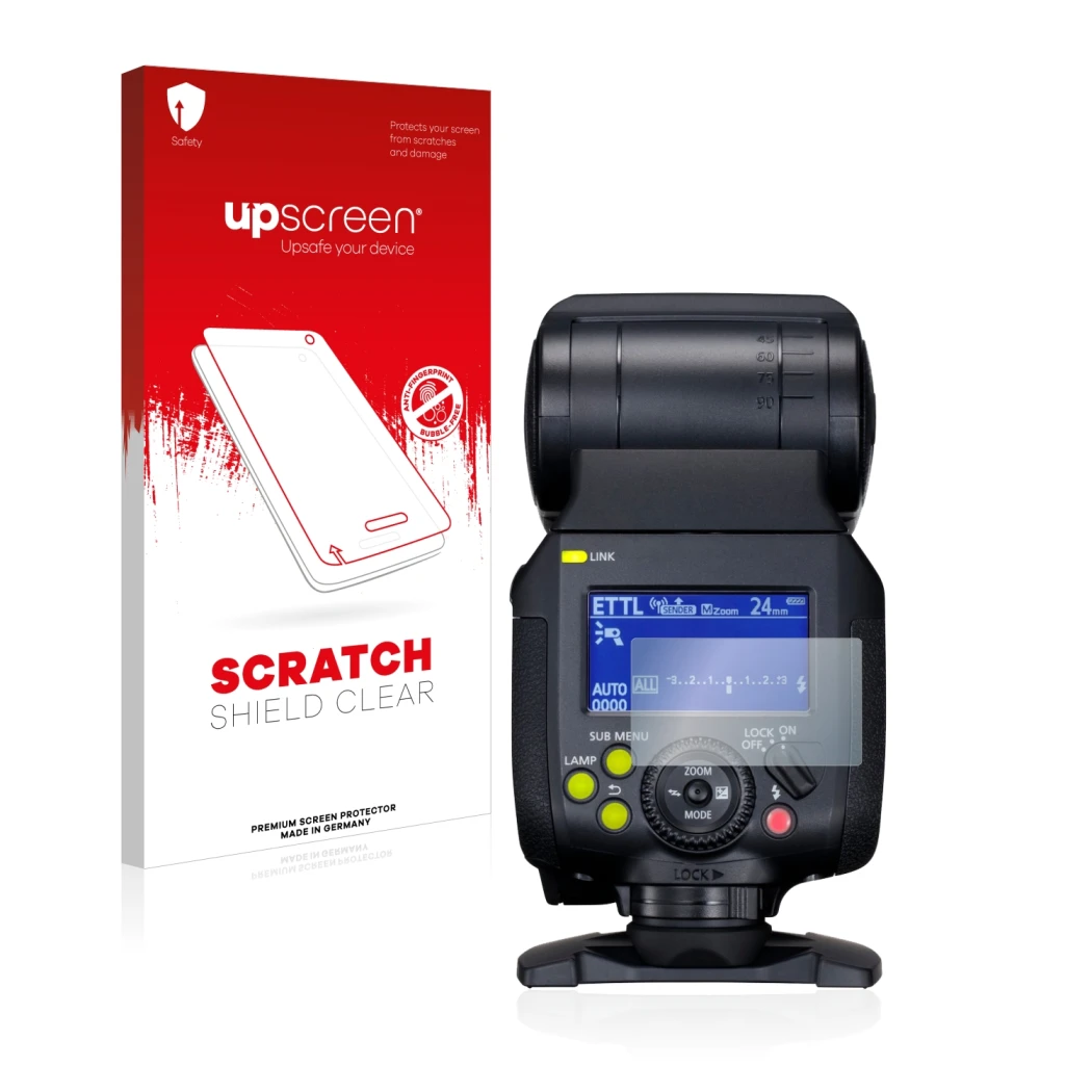 Face avant d’un emballage produit avec le logo de la marque upscreen. À côté, l’appareil Canon Speedlite EL-1 est représenté a