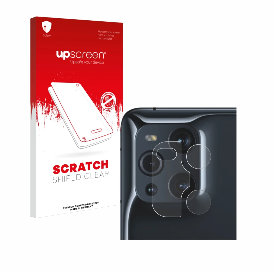 Face avant d’un emballage produit avec le logo de la marque upscreen. À côté, l’appareil Oppo Find X3 Pro (Caméra UNIQUEMENT)