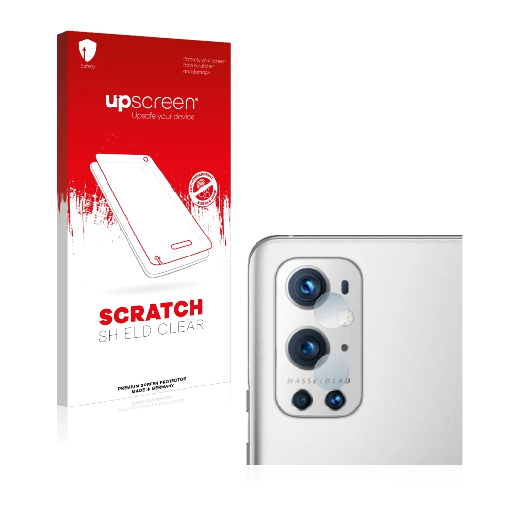 Face avant d’un emballage produit avec le logo de la marque upscreen. À côté, l’appareil OnePlus 9 Pro (Caméra UNIQUEMENT) est