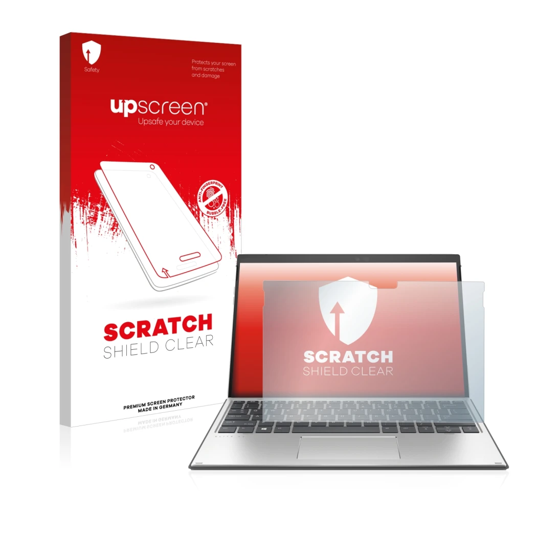 Face avant d’un emballage produit avec le logo de la marque upscreen. À côté, l’appareil HP Elite x2 G8 est représenté avec la