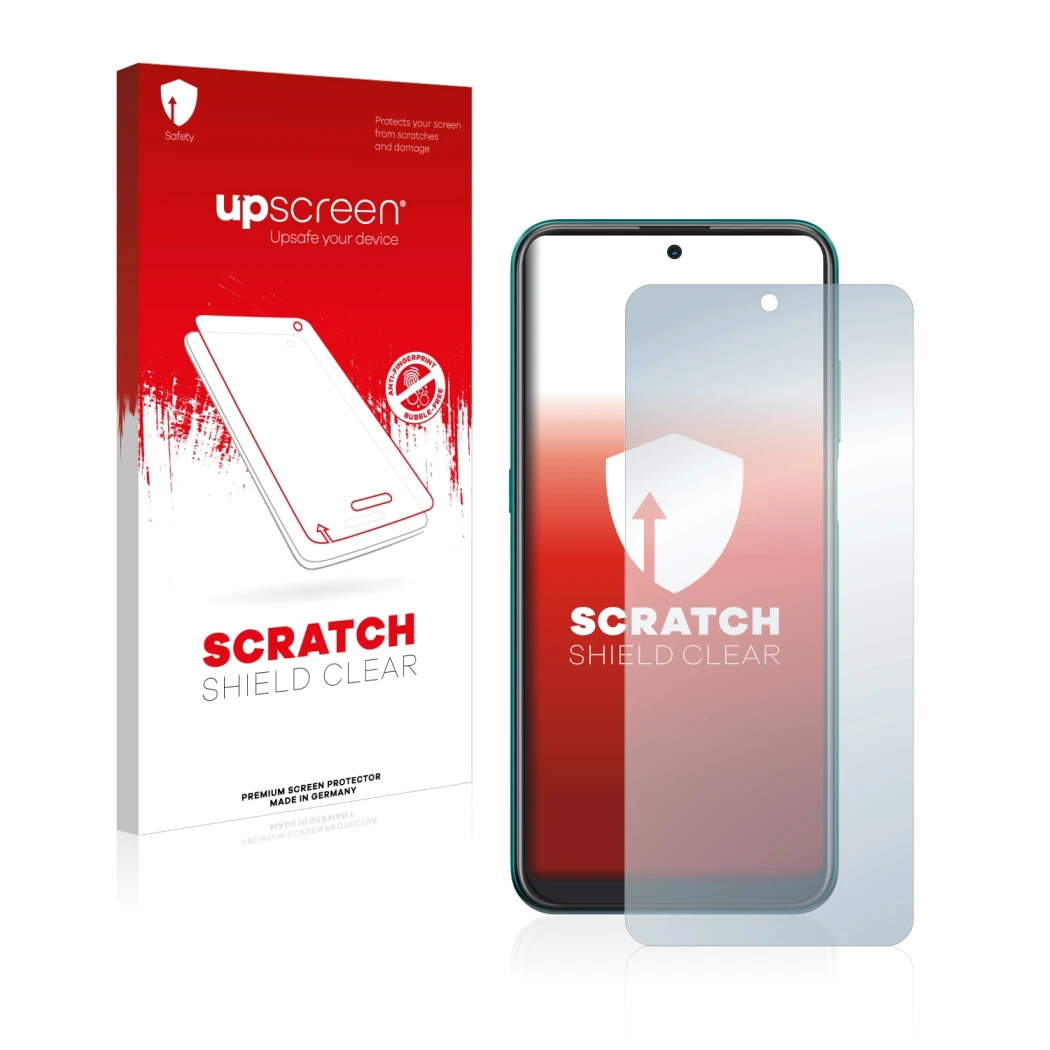 Face avant d’un emballage produit avec le logo de la marque upscreen. À côté, l’appareil Nokia X20 est représenté avec la prot
