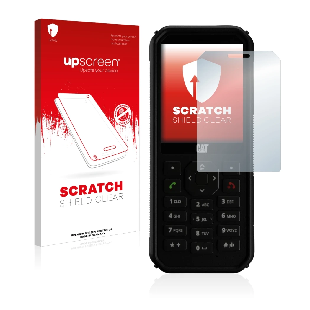 Face avant d’un emballage produit avec le logo de la marque upscreen. À côté, l’appareil Caterpillar Cat B40 est représenté av