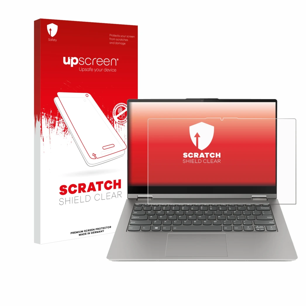 Face avant d’un emballage produit avec le logo de la marque upscreen. À côté, l’appareil Lenovo ThinkBook 14s Yoga est représe