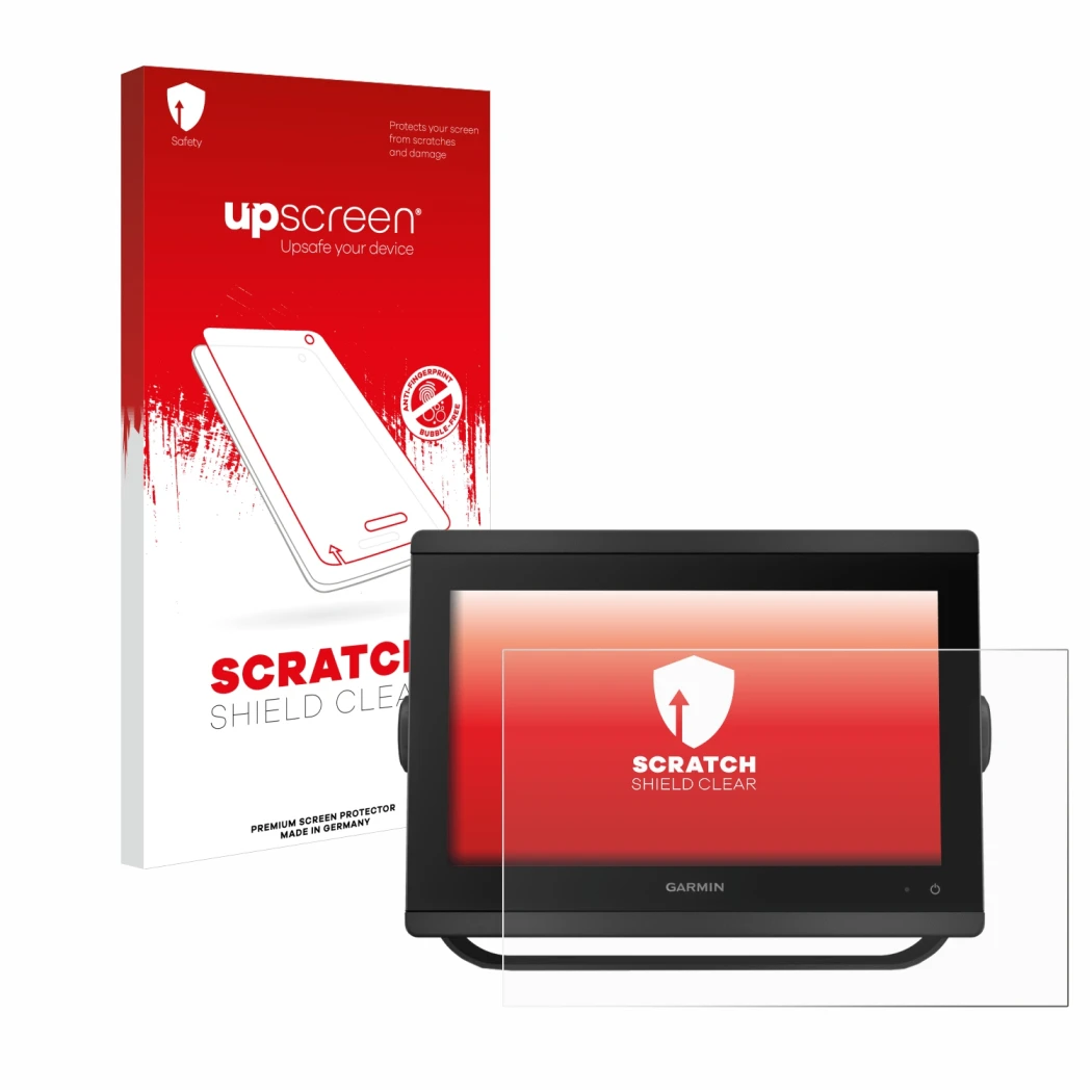 Face avant d’un emballage produit avec le logo de la marque upscreen. À côté, l’appareil Garmin GPSMAP 8412 xsv est représenté