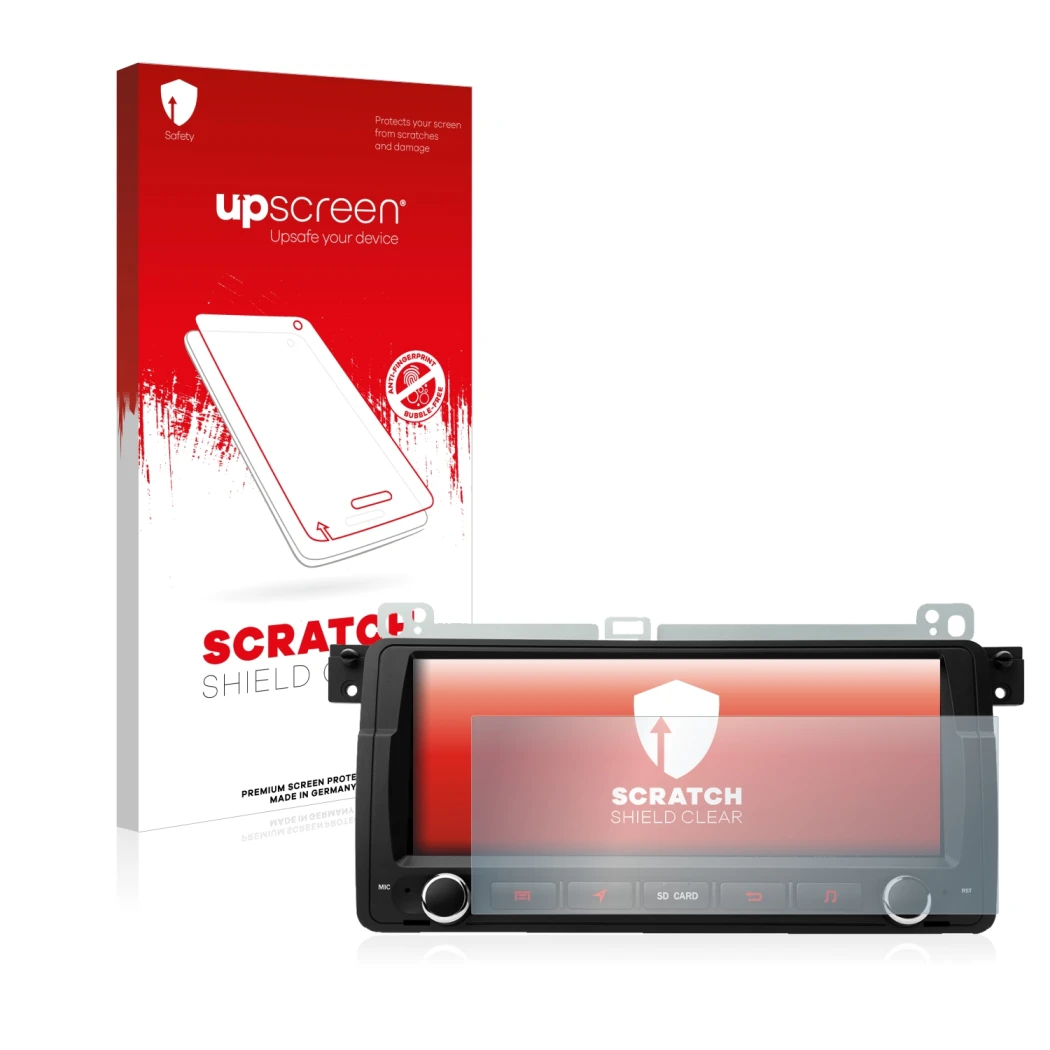 Face avant d’un emballage produit avec le logo de la marque upscreen. À côté, l’appareil Xtrons PQ8046BL est représenté avec l