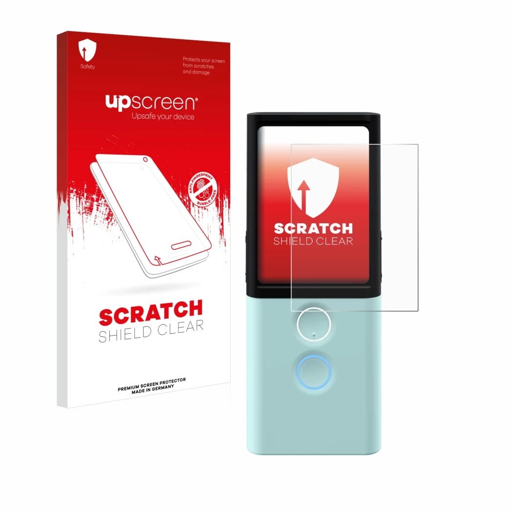 Face avant d’un emballage produit avec le logo de la marque upscreen. À côté, l’appareil Vasco Translator M3 est représenté av