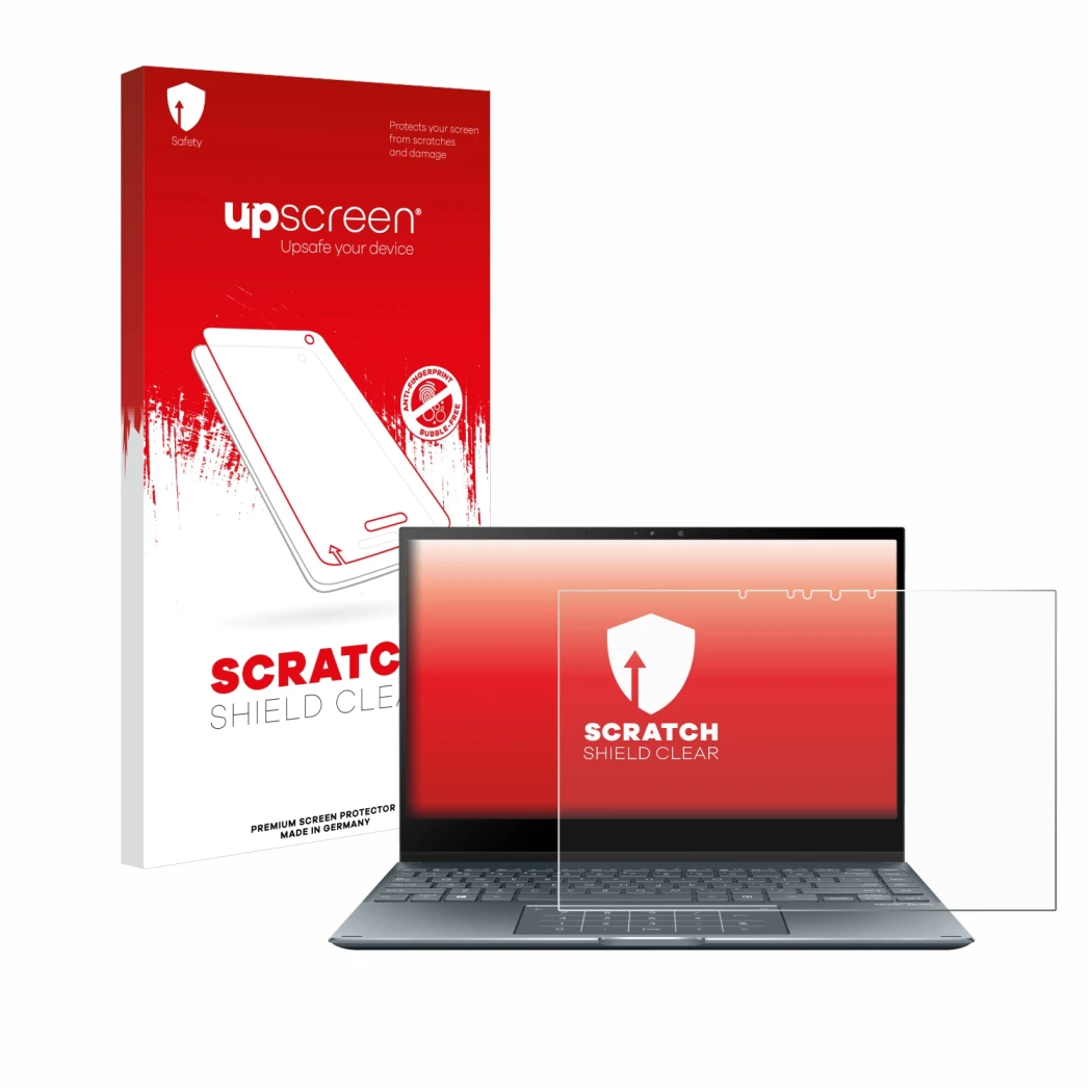 Face avant d’un emballage produit avec le logo de la marque upscreen. À côté, l’appareil ASUS ZenBook Flip 13 UX363EA est repr
