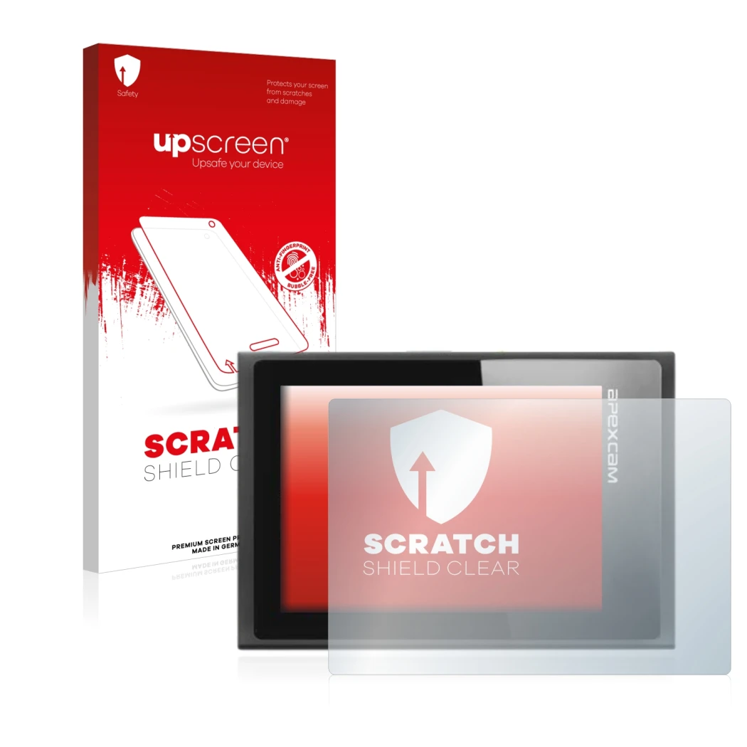 Face avant d’un emballage produit avec le logo de la marque upscreen. À côté, l’appareil Apexcam ‎M80 Air est représenté avec 