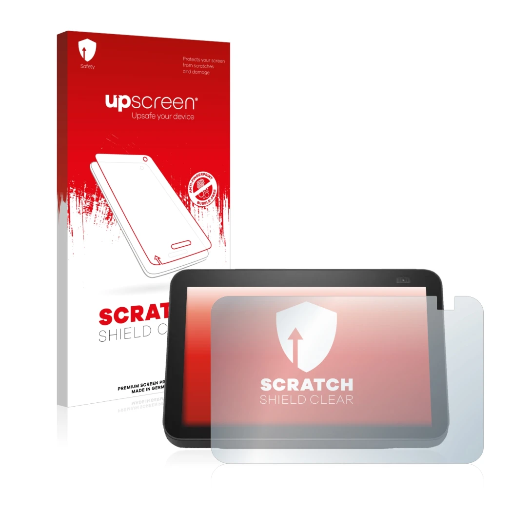 Face avant d’un emballage produit avec le logo de la marque upscreen. À côté, l’appareil Amazon Echo Show 8 2021 (2e Gen.) est
