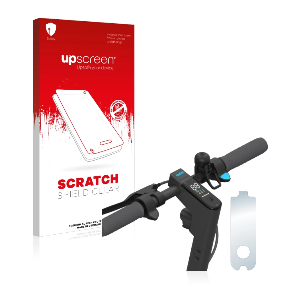Face avant d’un emballage produit avec le logo de la marque upscreen. À côté, l’appareil Segway Ninebot KickScooter MAX G30D e