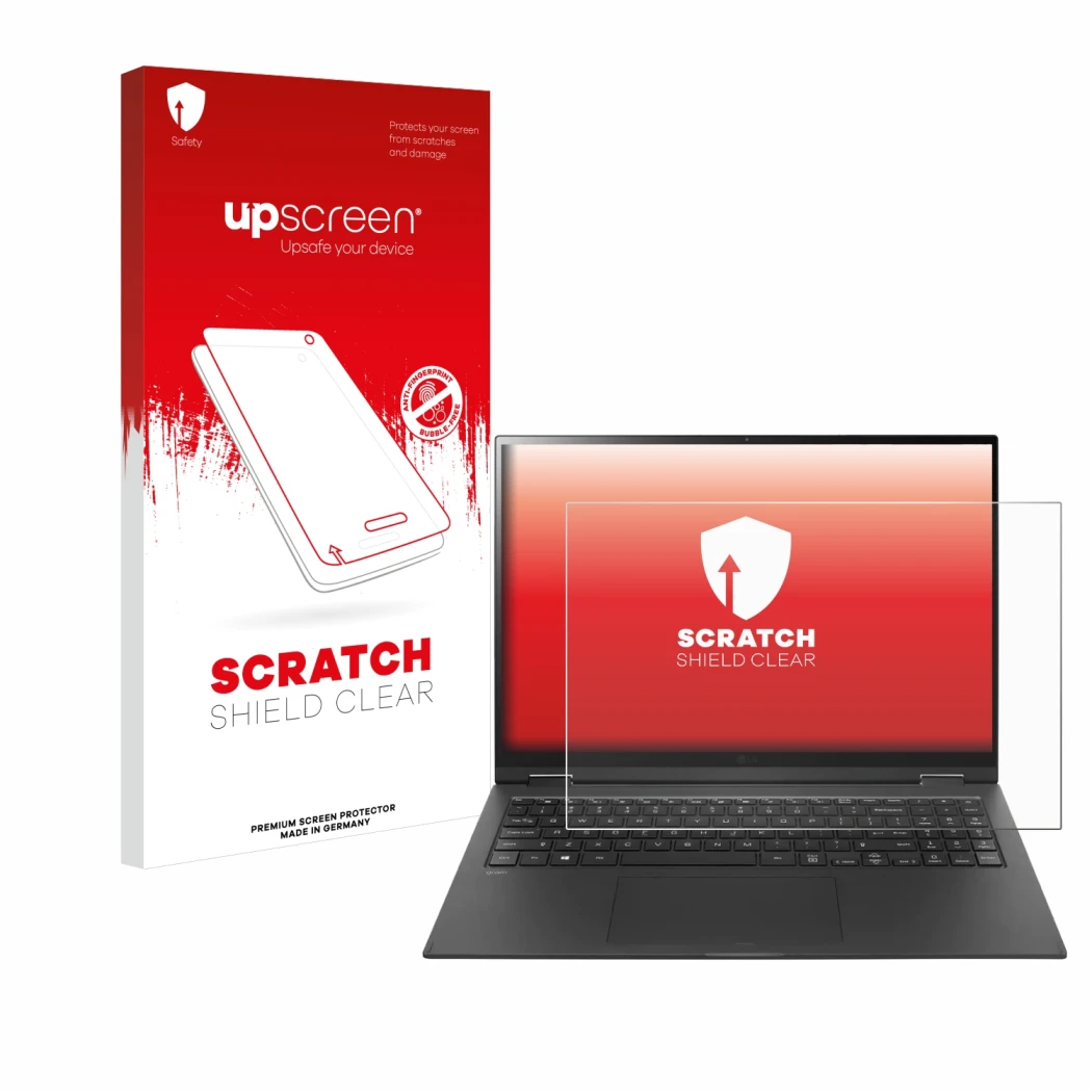 Face avant d’un emballage produit avec le logo de la marque upscreen. À côté, l’appareil LG gram 16'' 2-in-1 Touch est représe