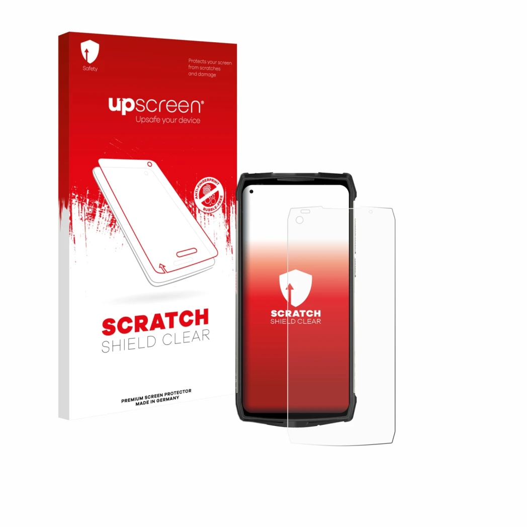 Face avant d’un emballage produit avec le logo de la marque upscreen. À côté, l’appareil Ulefone Power Armor 13 est représenté