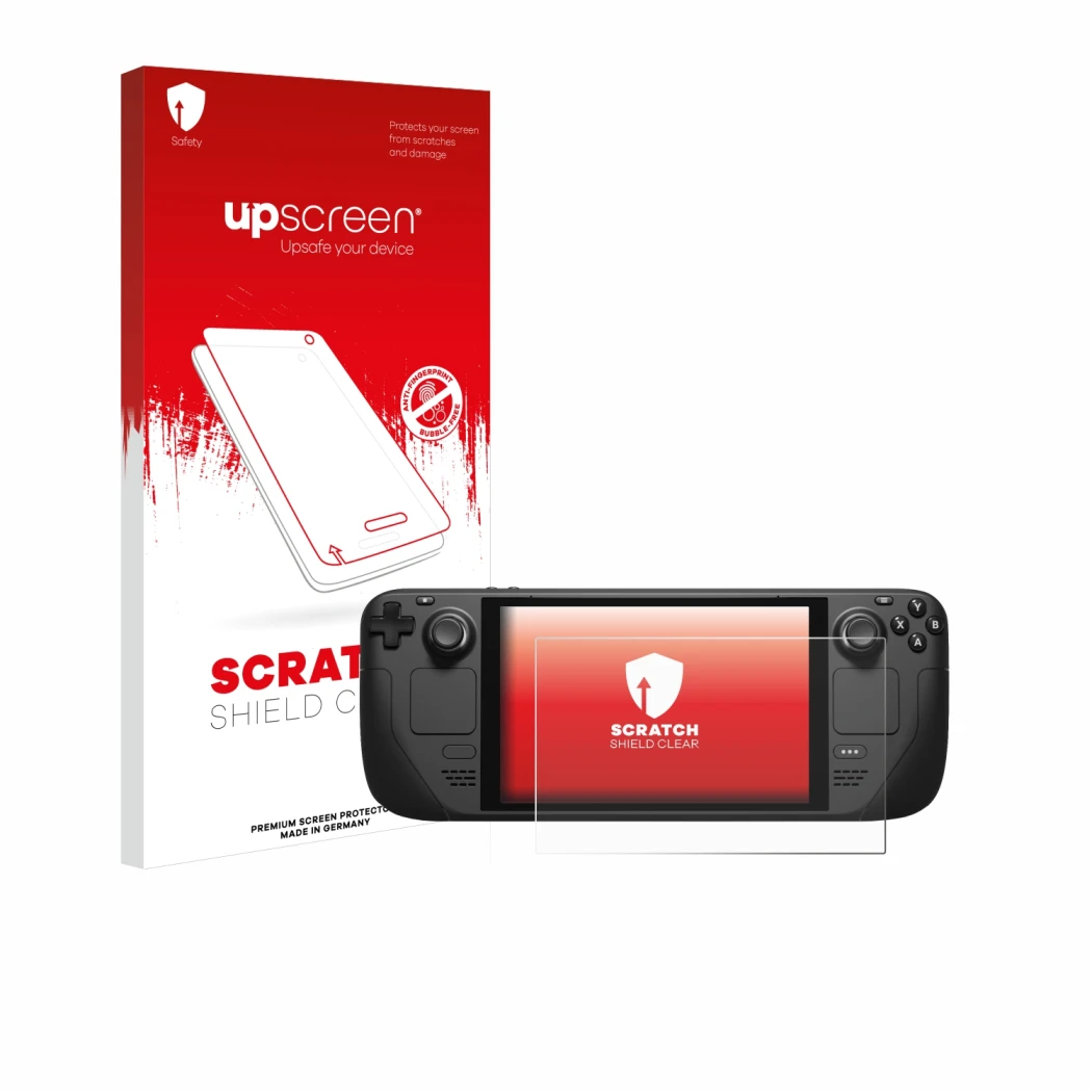 Face avant d’un emballage produit avec le logo de la marque upscreen. À côté, l’appareil Valve Steam Deck est représenté avec