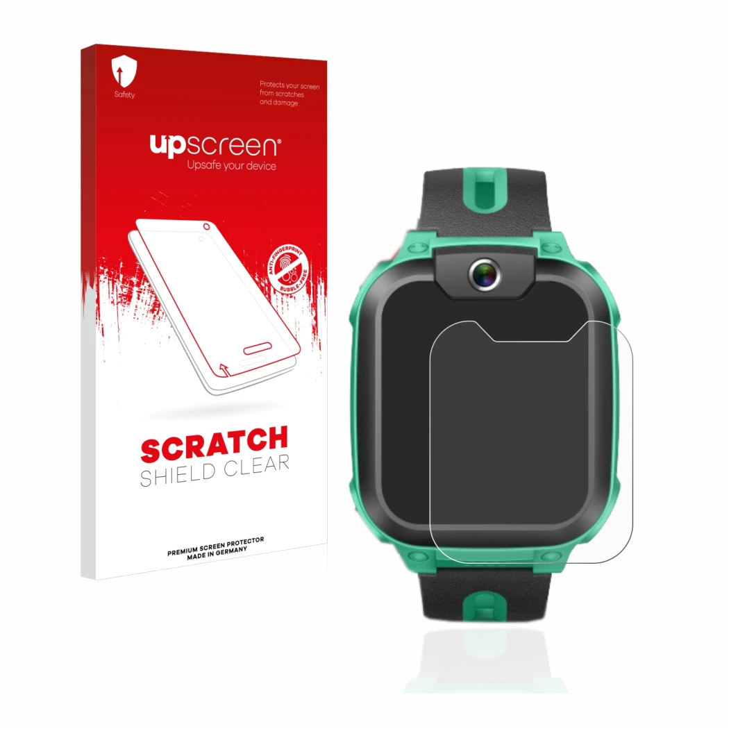 Face avant d’un emballage produit avec le logo de la marque upscreen. À côté, l’appareil Imoo Watch Phone Z1 est représenté av